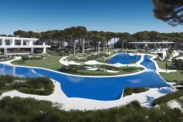 Day in quinta do lago, one straight line modern building of two floors on a slope of pine trees, with a 250 meters long pool, modernistic luxury architecture with white render, wood and dark metallic pergolas, sexy loungers by the pool