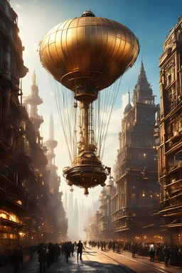 create a render: In a metropolis of steampunk wonders, envision a cityscape where towering skyscrapers of brass and iron pierce the skyline. Glide through this industrial marvel as airships, fueled by the rhythmic hum of mechanical ingenuity, gracefully navigate the spaces between these majestic structures. Inspired by the imaginative flair of Jorge Jacinto, picture a bustling steampunk world where the fusion of Victorian aesthetics and futuristic technology gives rise to a visually stunning urb
