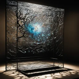 this photo Explores how brightness contrasts with shadow [psychedelic high res photo by Ralph Steadman] Light Against the Dark on a levitating intricated and sophisticated 3D metal piece over a pane