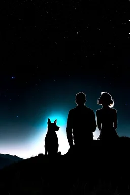 black background on a mountaintop and three silhouettes of a fit man, a silhouette of a fit woman, and silhouette of a Belgian malinois sitting next to the men and the woman looking at the stars