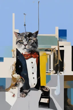 Abstract painting formed by a mix of a cat and human flesh-like surgical instruments and universe-like a pigeon and neuralink, surrealism,minimalism,Painting By Adrian Ghenie, Rene Magritte, Salvador Dali, Lucian Freud