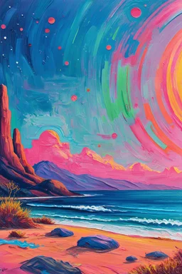 Time stretched under Mars REtrograde; Lowbrow, electric neon Post-Impressionist painting