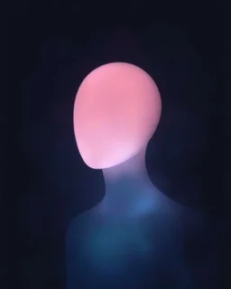 atmospheric, low contrast, sfumato, holoprint, humanoid form with a faceless glowing oval head, multi-colored soft glowing colors, minimalist, dark background, an image of interest