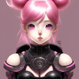 Detailed cute anime Kunoichi girl, pink hair buns, pink bangs, black latex bra, intricate details, big boobs, full body portrait, keep head in frame, slight smile, black Japanese motif, concept art, highly detailed, digital painting, concept art, sharp focus, illustration, art by Yoji Shinkawa, WLOP and greg rutkowski and alphonse mucha and artgerm and yanjun Chen and Junji ito and Makoto Shinkai, HDR, octane render