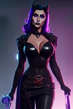 Medieval witch SOPHIA LOREN dressed in shiny black leather, blade runner, busty, cleavage, volumetric lighting, particales,highly detailed,cinematic, deep colours,8