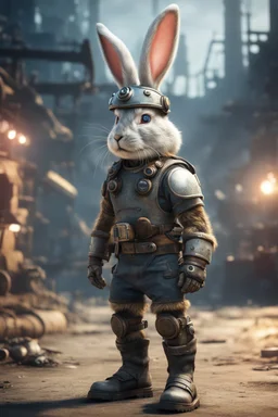 portrait of fast viking rabbit with helmet & boots in fallout 4 setting, bokeh, downlight, prize winning, depth of field, trading robot monster in background, stereoscopic cartoon