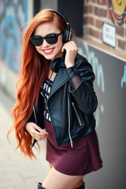 pretty young girl, red long haired, nice smile, sunglasses, headphones, nice body, big bubs and nice legs, little leather jacket, skirt and boots rocker fashion