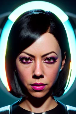 Young Aubrey Plaza, Futuristic cyborg, portrait from waist up, vibrant hair color, vibrant eye color, intricate eyeliner, vibrant eyeshadow, clear completion, soft lighting, 4k resolution, intricate details, insanely detailed, colorful cityscape background, masterpiece, expert, cinematic smooth, retroanime style, realistic details, no helmet