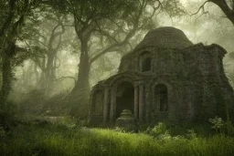 Ancient crypt in a lush green forest, fantasy, day time, light, mystical