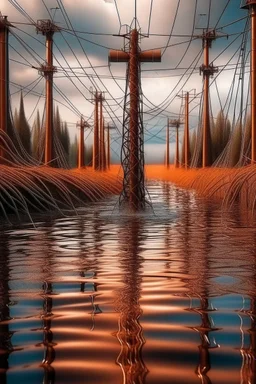 Please produce an innovative photo in the field of water and electricity transmission lines inspired by the copper industry. This photo is needed for the cover of a magazine. Please give more details about the use of copper in parts