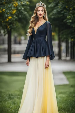 very beautiful ukrain lady wearing yellow pretty maxi flared dress with hair silver crown ,standing idle pose