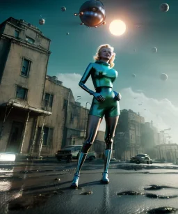 Ultra Realistic retro sci-fi 1960 scene, waist up view portrait, blonde woman, sweet young Marilyn Monroe face, perfect iris, tight latex coat, alien planet background, tight style, steel sphere dron levitating, fog, rain, soft color, highly detailed, unreal engine 5, ray tracing, RTX, lumen lighting, ultra detail, volumetric lighting, 3d, finely drawn, high definition, high resolution.