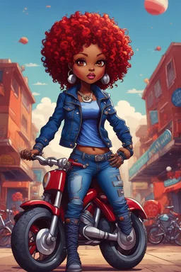 abstract art illustration of the chibi cartoon character, a voluptuous black female in a blue jean outfit with biker boots. Her prominent makeup and hazel eyes, along with her detailed red curly tight afro, are featured in this image, set against the background of a lively bike show.