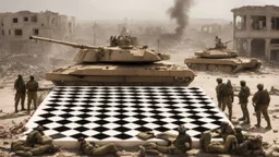 Israeli soldiers and tanks stand on a very large chessboard in the middle of a destroyed city