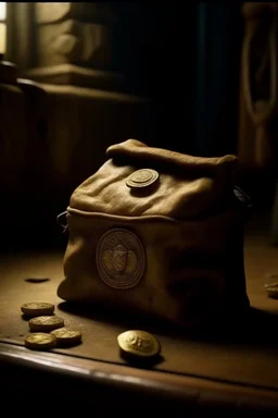 in the BASEMENT there is an old, broken brown oblong leather chest with short handles, from which gold coins from the time of Catherine the Great fall out. The ancient coat of arms of tsarist Russia, the double-headed eagle, is BARELY VISIBLE on the bag. There are a lot of broken bricks and earth around the bag. All in high quality 8K