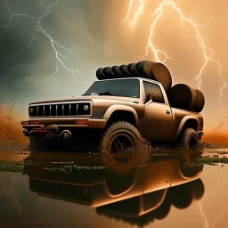 hyperrealistic shot, off-road truck, earth color palette, sharp focus, puddle reflection, tire water splash, refraction, lightning on the horizon, shadowcast, detailed and intricate, cinematic composition, micro, tilt shift photography