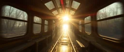 get inside the rabbit train in the style of Rembrandt and Fallout 4, with motion blur and volume fog and sun rays and lense flare