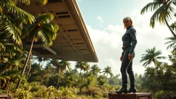 An ultrawide-angle, photorealistic image of an adventurous, slender, fifty-year-old woman from the future, dressed in a tailored, full-body spacesuit, stands to the right of her huge, wide, wingless cargo spaceship. Her uncombed, blond hair has bangs. Standing on a metal box in a jungle clearing.