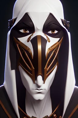 Planet Mercury portrayed as a masked human wearing medieval robes, the right side of the mask is black with open white eye, the left side of the mask is white with closed eye