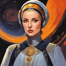 [art by Esteban Maroto] a youthful Bene Gesserit, using the voice in a spaceship, close to a stack of spice