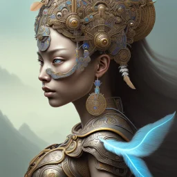 Sango fantasy, fantasy magic, intricate, sharp focus, illustration, highly detailed, digital painting, concept art, matte, art germ and Paul Lewin and Kehinde Wiley, masterpiece Mayan princess dancer head bronze feather's' Asian Latin girl nice breast brown hair turquoise silver blue sky