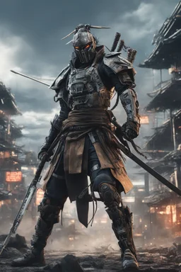 Anime depiction of a cybernetic samurai in a post-apocalyptic setting, action shot,.8k highly detailed and super realistic