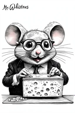 - “Mr. Whiskers McStreusel crazy old mouse doing magic inside his magic cheese shop, a wiry fellow with wild white hair and glasses so large they practically covered his whole face.” charcol sketch on white background