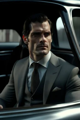 movie scene from an award winning film set in the 2010s, (top version): (actor, henrycavill, light grey eyes), wearing a suit, manspreading in the back seat of a car, looking at the camera, detailed face, realistic, low angle,