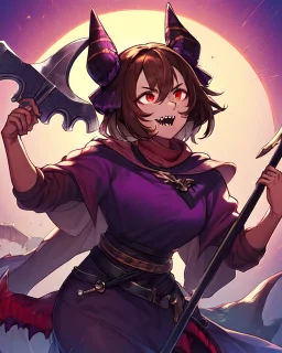 girl, brown hair and freckles on her cheeks, red eyes, has sharp teeth, wears a male battle outfit, has a large axe, hair covers one of her eyes, she is tall and strong, her main color is purple and black