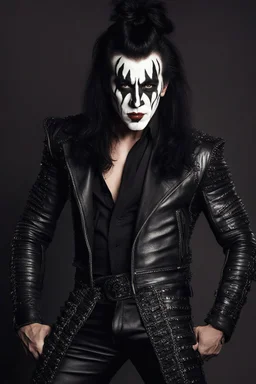 (((12-inch-high Platform Boots::1.5))), an extremely muscular 18-year-old Gene Simmons with (((Kiss Makeup on))), smiling, (((Black lipstickl:1.5))), with (((long, black hair, ((((man bun on top:1.5))))\))), wearing a skintight, formfitting black leather bodysuit and codpiece, with (((spiked metal shoulder and chest armor))) and black cape, (((Bass Guitar shaped like an Ax))), (I Love you Hand sign), Fist pumping, action poses, Leaning against the wall, posing for his picture, holding his cape