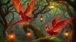 Slavic mythology enchanting garden with lush greenery and beautiful stone winding paths with small lanterns in the trees. It's twilight. Depict only one creature: the Firebird. The body of the Firebird is adorned with feathers of vibrant red, orange, and gold, each one glowing with an otherworldly brilliance.