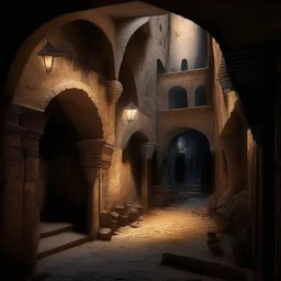 in an dark dirty underground city with many buildings pueblo, greek, and islamic architecture
