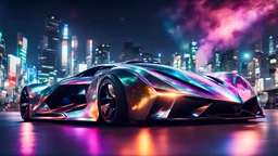 extreme concept future hypercar in tokyo city at night. metallic prism based body. the sky has a bright nebula.