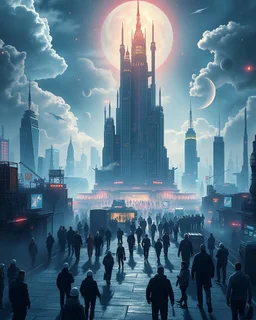 create an graphic of aa crowd of workers walking from a well drawn, bustling city in the sky atop stunning sky islands, 64k, insanely detailed, refracted lights, insanely detailed, stunning, sci-fi essence