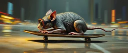 master oil painting by Rembrandt,the tilted quilter,glasses and ticks, cyberpunk imagery synchronized mechanical gremlin rat bat laying low, drumming kit flat board trike flickering stable core, wet reflective salt flat city, fast motion blur background, translucent tubes