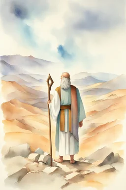 Moses stands on a mountain and holds a wooden staff, at his feet are fragments of stone tablets on which the 10 commandments were written, and below is a valley with the cities of Palestine of sands, tents and mountains. There is a silhouette of God in the sky. Everything is painted in watercolor