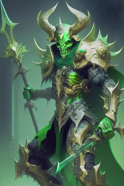 Demonio futurista en armadura verde con dorado y un casco de craneo verde empuñando una lanza