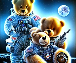 little boy and big teddy bears on moon. drifting in old bmw. oil on canvas