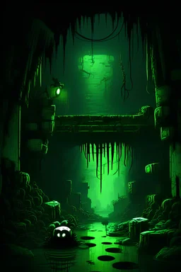 An animated 2d platformer of an apocalyptic sewer, dark and creepy with a very very very dark green color scheme