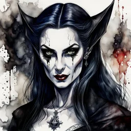 ink wash and watercolor etching of a dark medieval female vampire sorceress , with highly detailed facial features ,in the style Ann Chernow, with a fine art aesthetic, highly detailed , realistic , 4k UHD cinegraphic quality