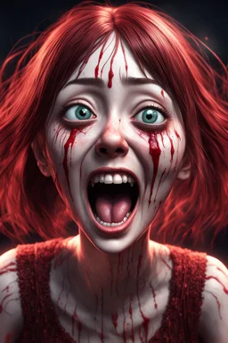 Woman with rare eyes, face distorted with pain, screaming, tears streaming, siting pose, fullbody, Junji Ito style, darkred tones,high detailed, 4k resolution, digital paiting, cute, art, no background 3d pixar disney the cinematic FKAA, TXAA, and RTX graphics technology employed for stunning detail.