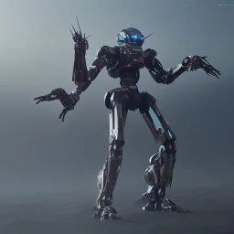 Mecha with metal spider legs his hands are machine guns. Driver is animal