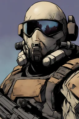 A bald rugged soldier with a short thick black beard wearing a ODST armour looking out upon a desert planet art style Alex Maleev