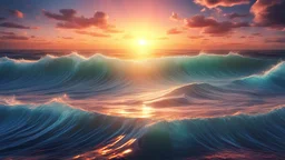 Very realistic, very detailed,high quality creates a sunset image, high quality 8K Ultra HD digital art with beautiful sunset and sun glare,with high quality, highly detailed, Beautifully designed fantastic quantum interference pattern, Detailed illustration of an ocean designed with fantastic quantum interference patterns, fantastic waves, vivid colorful, luminism, 3d render, octane render, Isometric, by yukisakura, awesome full color with a beautiful sunset and sun glare.