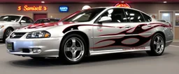 suped up 2004 chevy impala supersport musclecar, silver with black flames outlined with a thin red pinstripe, in front of Sam's club, SuperSport car, impressive, VIP, award winning, detailed