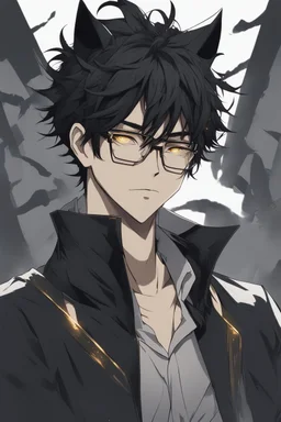 Anime style man with messy black hair and black cat ears. gold eyes. Glasses