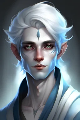 a young male Elf sorcerer with ethereal blue/white skin and hair, hair should be slightly blue. complemented by striking black eyes. With a mischievous smile and soft features. With a rounder face
