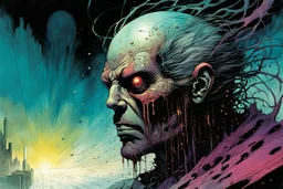 a surreal portrait of the inner workings of a disturbed mind as a nightmarish charnel house of seething pain , in the comic book style of , Bill Sienkiewicz, , Jean Giraud Moebius , and Alex Pardee muted natural color, sharp focus, ethereal , dark and foreboding