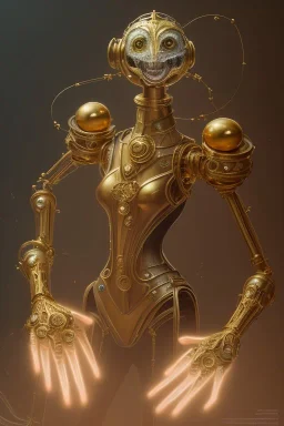 concept art of a giant mechanical clockwork marionette made of brass and gold in a dark moody interior, puppet, ornate, engraved highly detailed, fantasy, render, digital painting, trending on artstation, illustration, in the style of piotr jablonski, artgerm and greg rutkowski, dishonored, arkane lyon