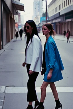 women walking down a central street of a city wearing second-hand clothes #eslarevolucióndelassecondhand, modern pop style, real photography, fashion, de cara a la cámara